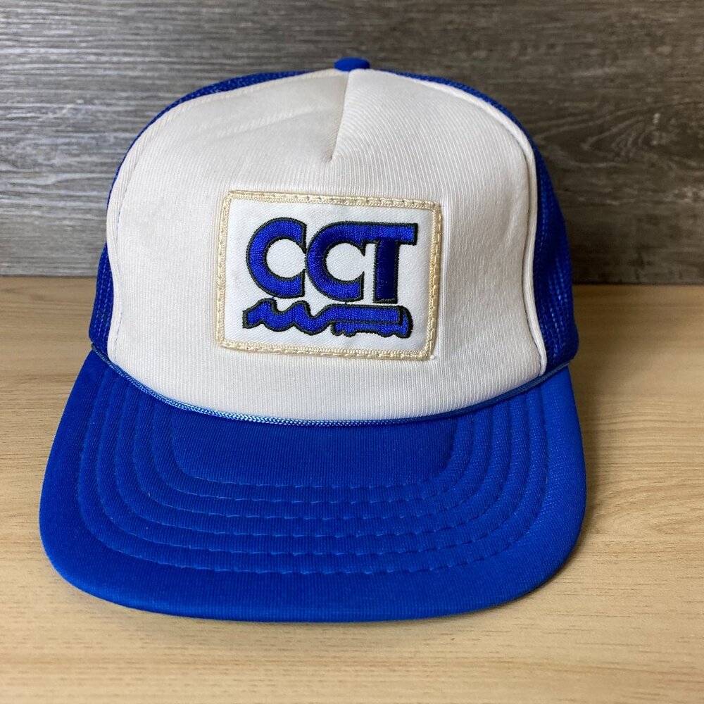 Vintage CCT Hat Cap Snapback Blue White Trucker Patch Outdoors Adjustable